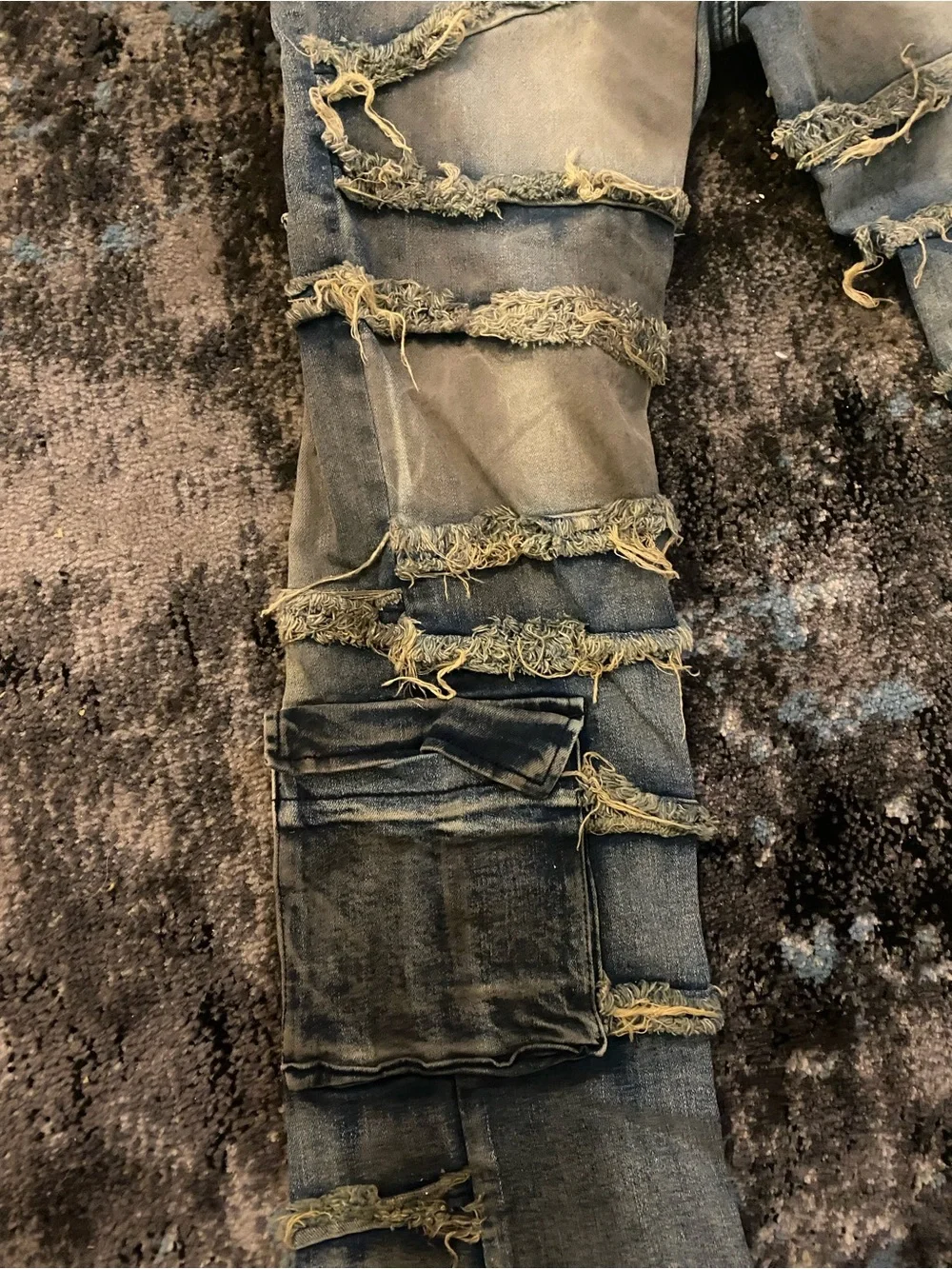Men's Skinny Distressed Washed Blue Jeans - Frayed Panel Detail - Picture 2 of 7